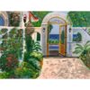 Painting of outside a white house. Green plants climb the walls, and line the walk. The garden door is open, clear blue water lies beyond.