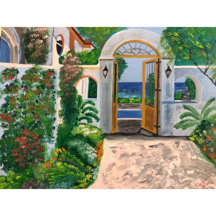 Painting of outside a white house. Green plants climb the walls, and line the walk. The garden door is open, clear blue water lies beyond.