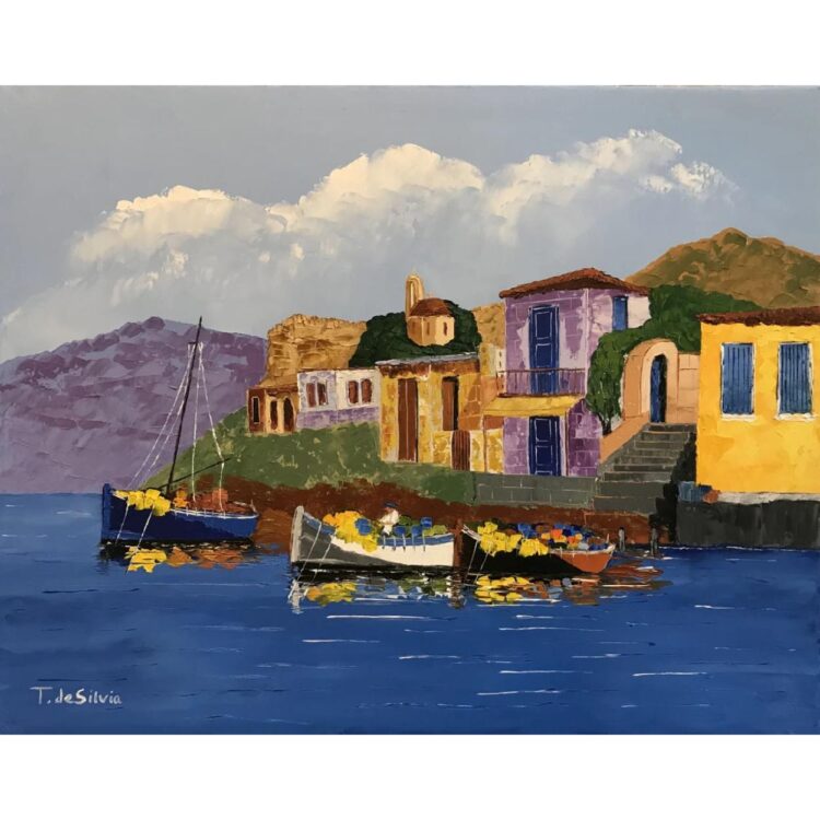 Painting of a small village with purple and yellow homes lining the water's edge. 3 small fishing boats sit on navy blue water.