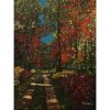Painting of a dirt worn path through the woods. The leaves on the tall trees have begun to turn red and orange signaling fall's approach.
