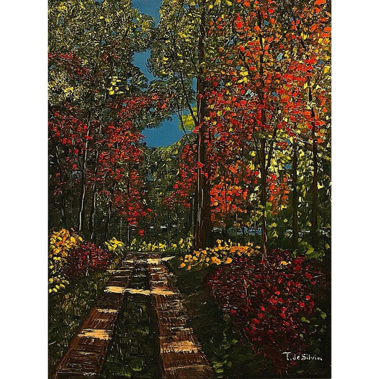 Painting of a dirt worn path through the woods. The leaves on the tall trees have begun to turn red and orange signaling fall's approach.