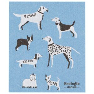 Swedish sponge cloth with 7 black and white dogs on a medium blue background.