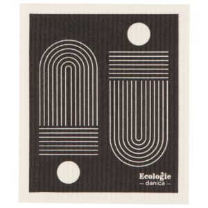 Swedish sponge cloth with two white geometric line arches on a black background.