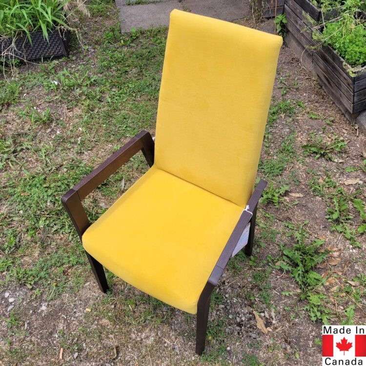 Gold velvet high back dining chair with wood arms and legs stained espresso.