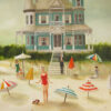 painting of a lady on a beach, her ankles sunk in the sand with a large blue house behind her.