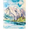water colour print of a mountain and large stream.