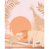 light violet and coral drawing of elephants and giraffes on a desert