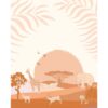 peach and rust drawing of elephants and giraffes on a desert