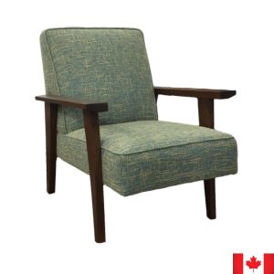 Mid century modern accent chair. Tight seat and back in textured turquoise fabric. Solid wood frame in medium brown with flat arms, and tapered leg detail.