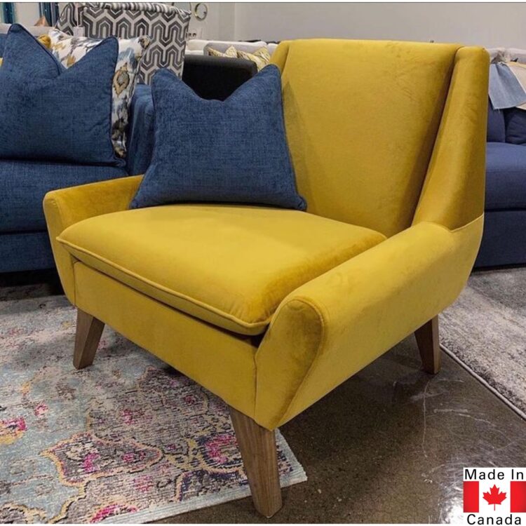 Angular chair in a mid century modern design. Mustard gold fabric, with wood leg.