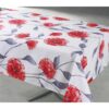 Tablecloth with big red flowers.