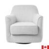 Light grey upholstered accent chair with softly curved shape and swivel base.