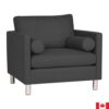 Dark grey upholstered chair with slim arms.