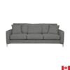 A dark grey sofa with a boxy shape, features 3 seat and back cushions.