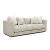Pale grey sofa with high square arms, and extra thick seat cushions.