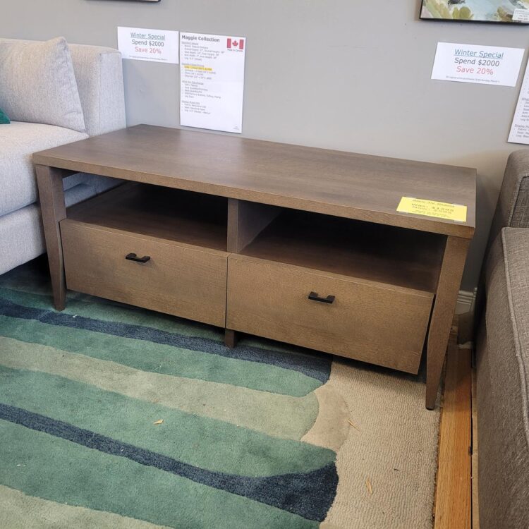 Wood tv stand with 2 drawers, in medium brown stain.