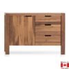 Small wood sideboard with one door, and three stacked drawers. Natural Walnut.